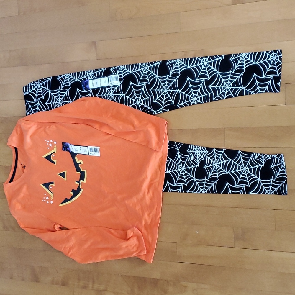 Girls Happy Halloween Pumpkin T-Shirt & Spiderweb Leggings Size XL 14/16 NWT